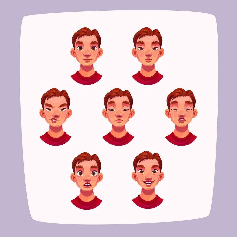 Young man face expressions, cartoon male avatar vector