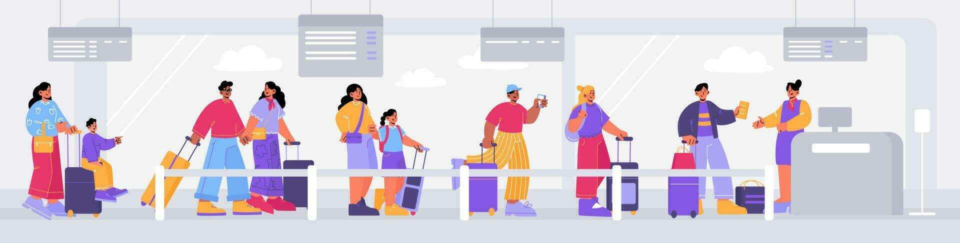 Queue in airport, people waiting registration vector