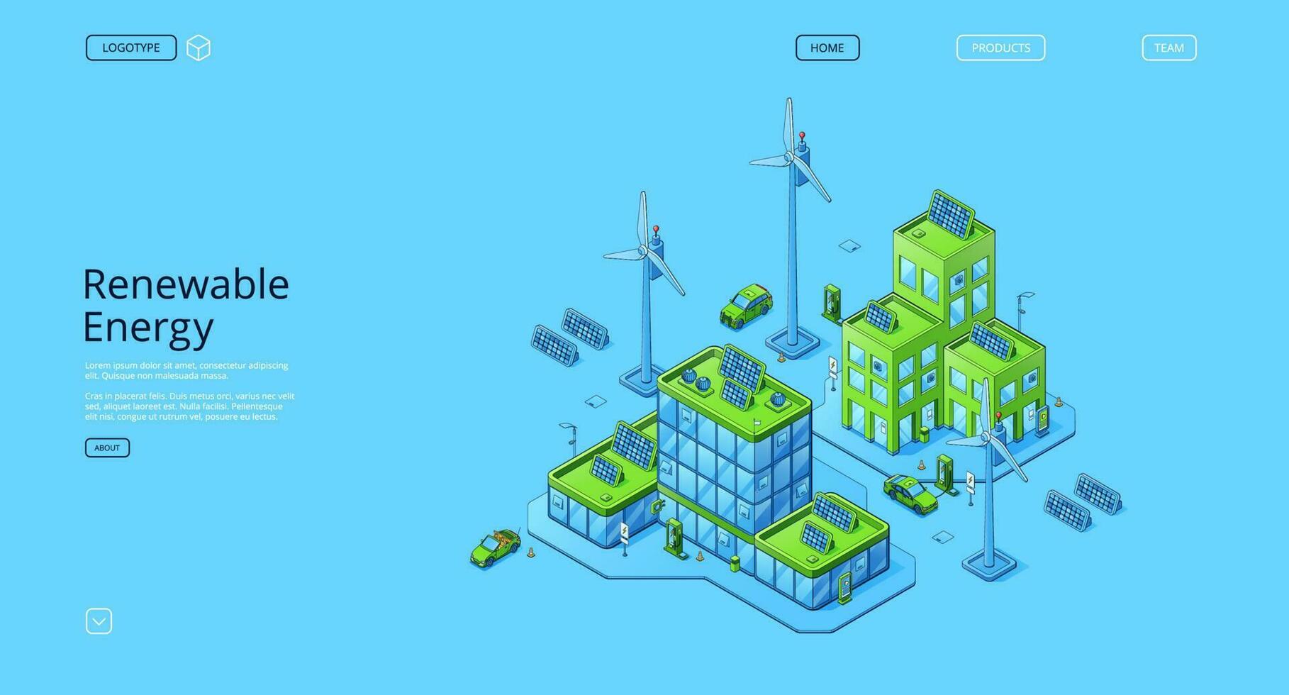 Renewable energy isometric landing page, eco city vector