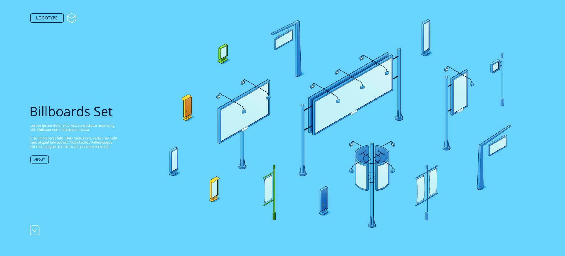 Billboards isometric web banner, street signboards vector