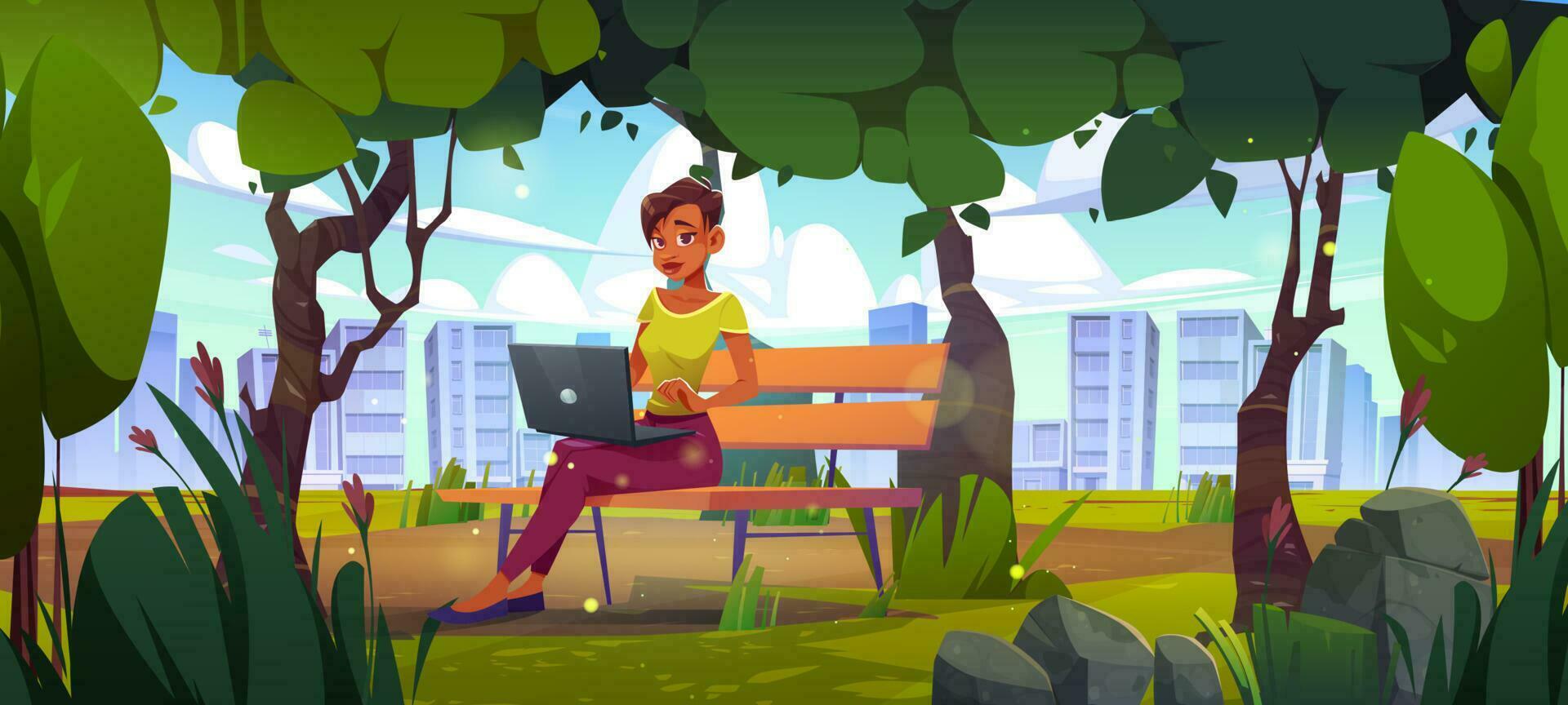 Woman freelancer with laptop work in city park vector