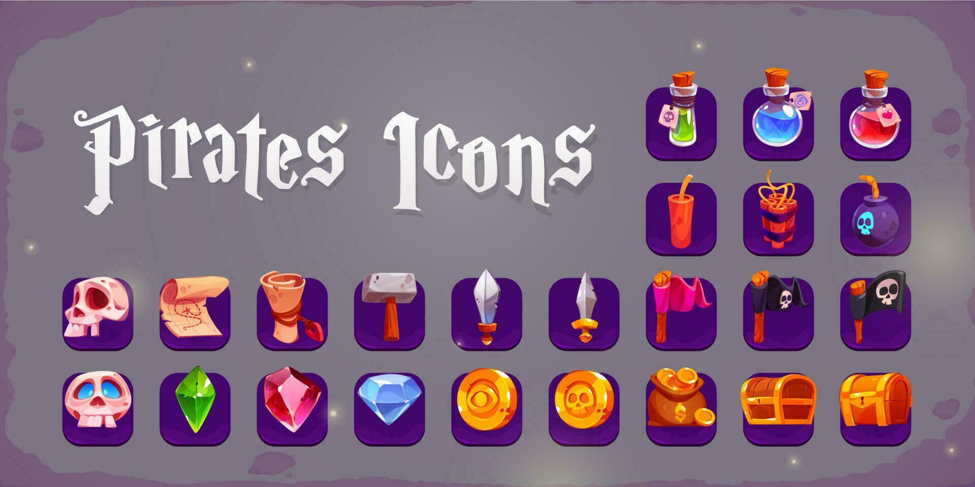 Pirate icons with treasure chest, skull, gold coin vector