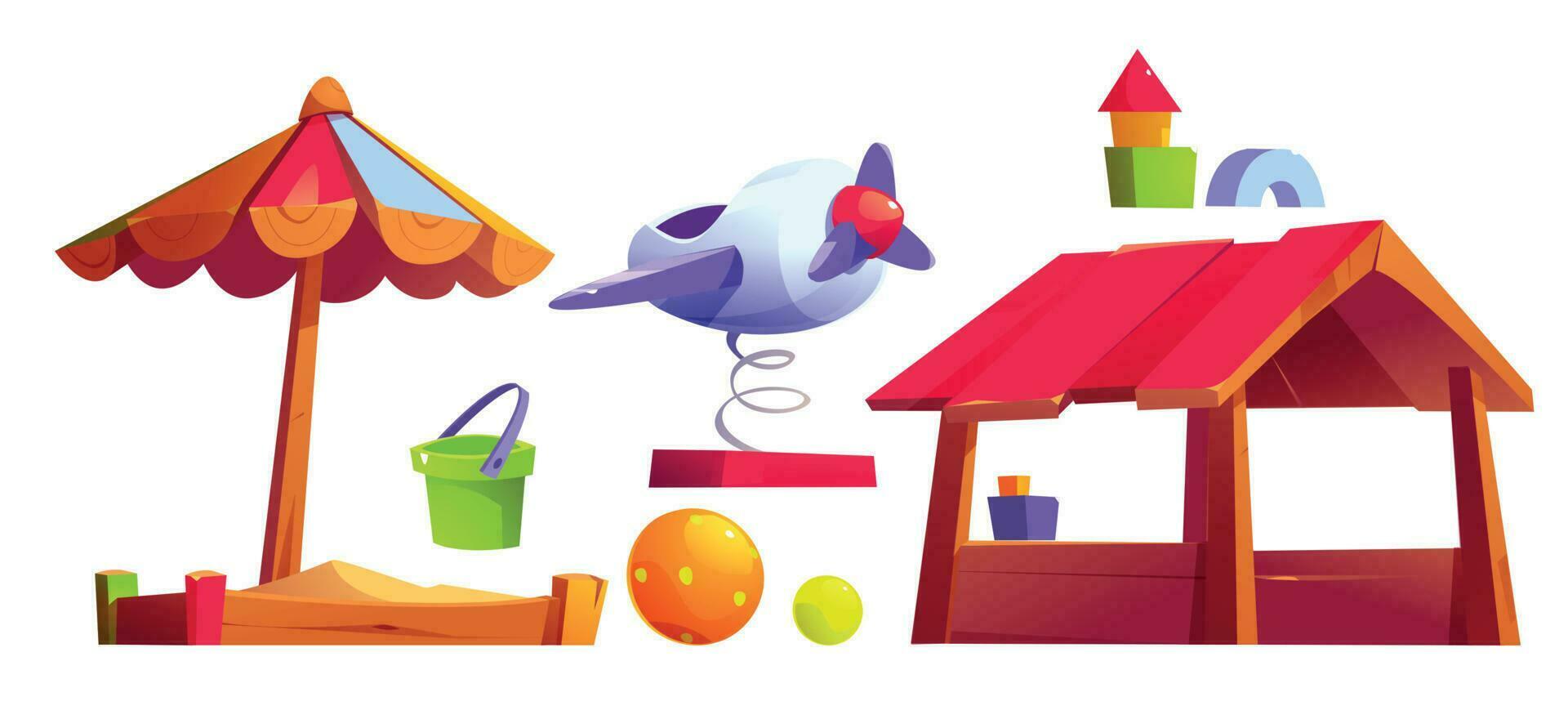 columpios para niños, caja de arena y juguetes para juegos vector