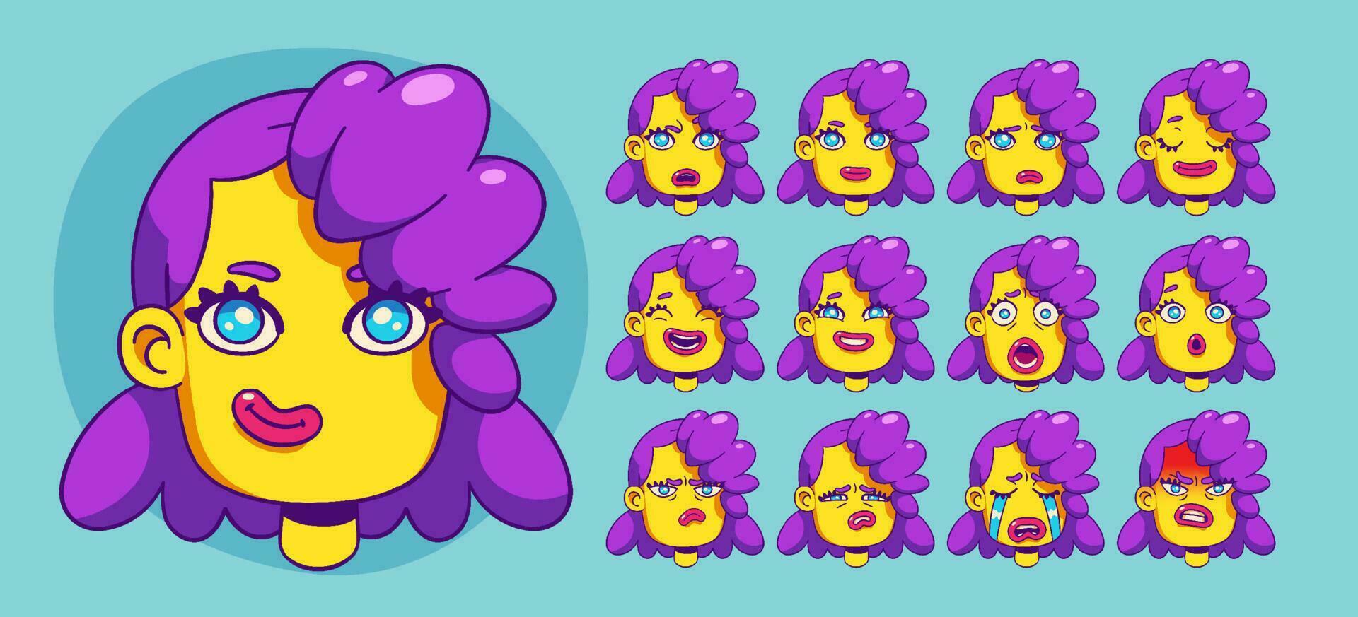 Girl character face with different emotions vector
