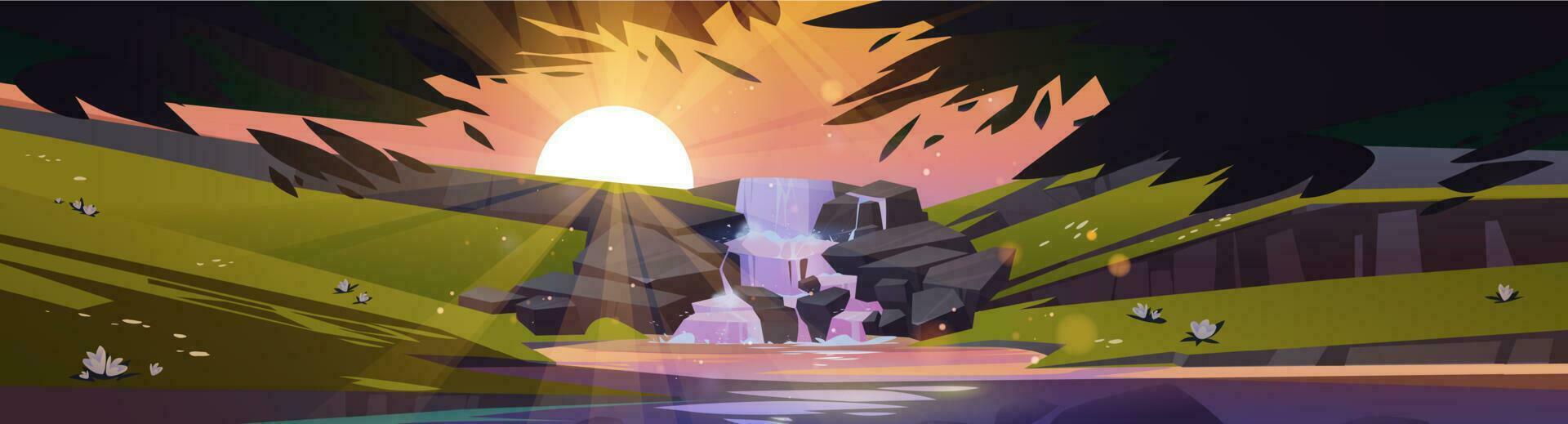 Waterfall cascade in forest at sunset time, vector