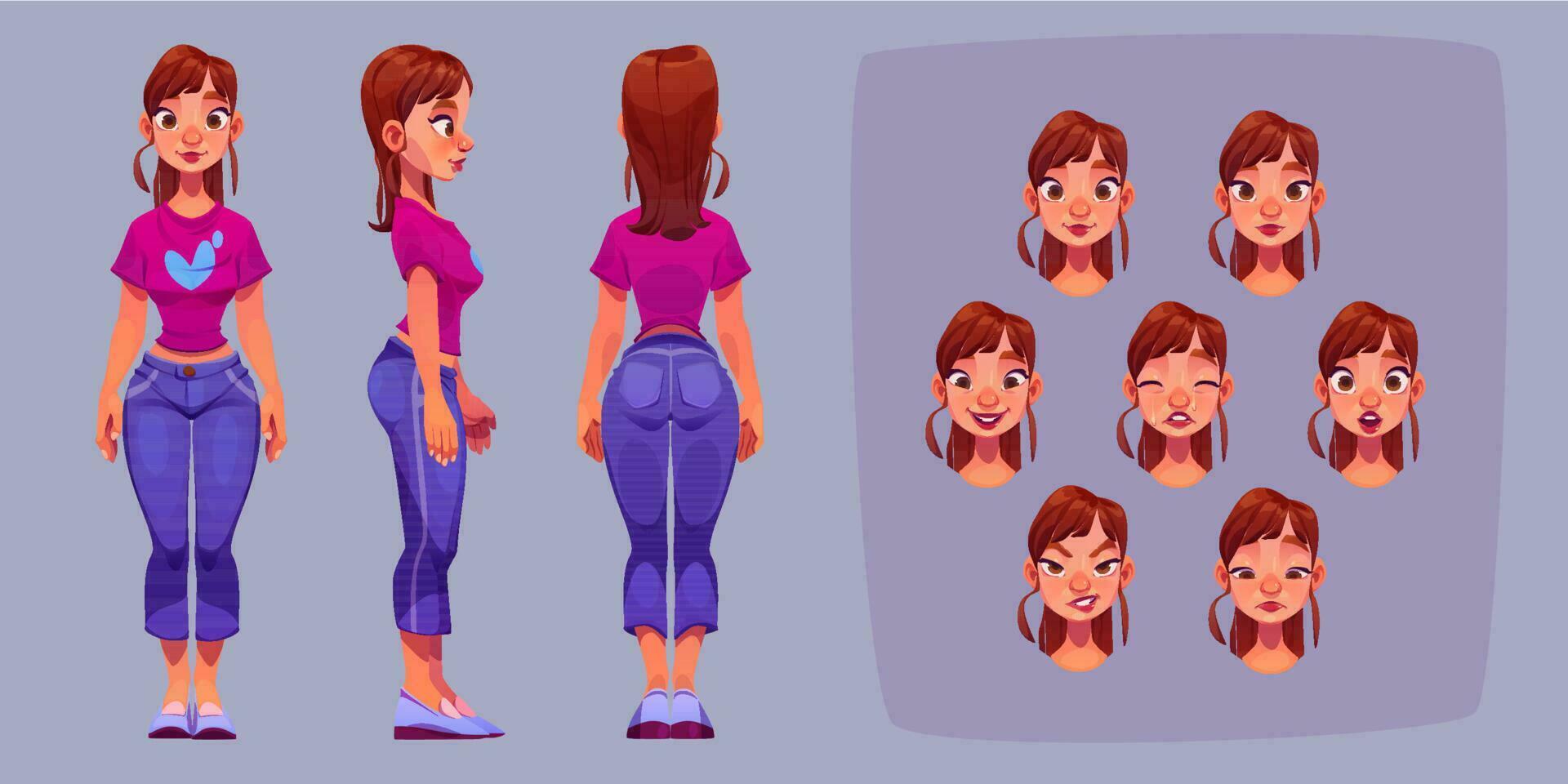 personaje femenino para animación, lateral, trasero, delantero vector