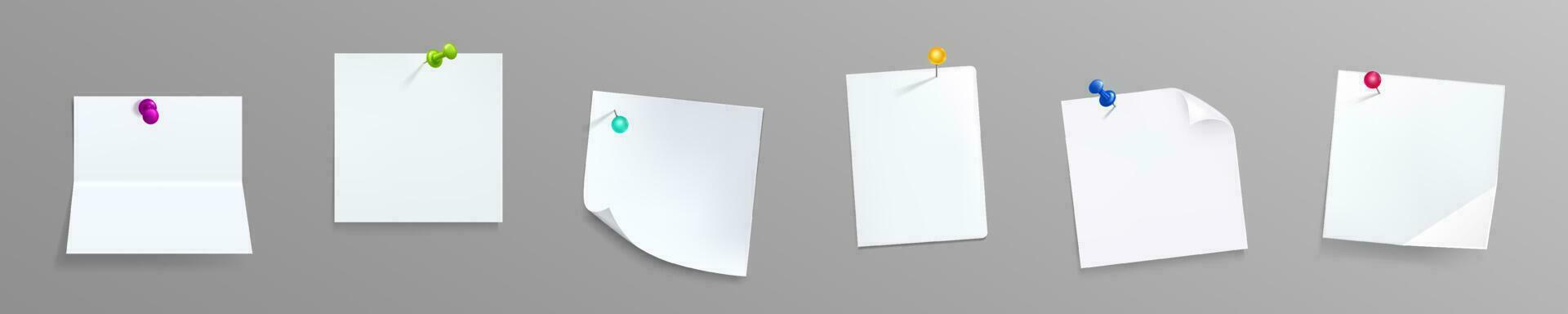Paper notes with pins, white stickers or notepad vector