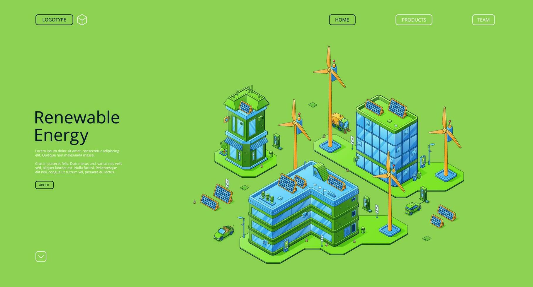 Renewable energy isometric landing page, eco city vector