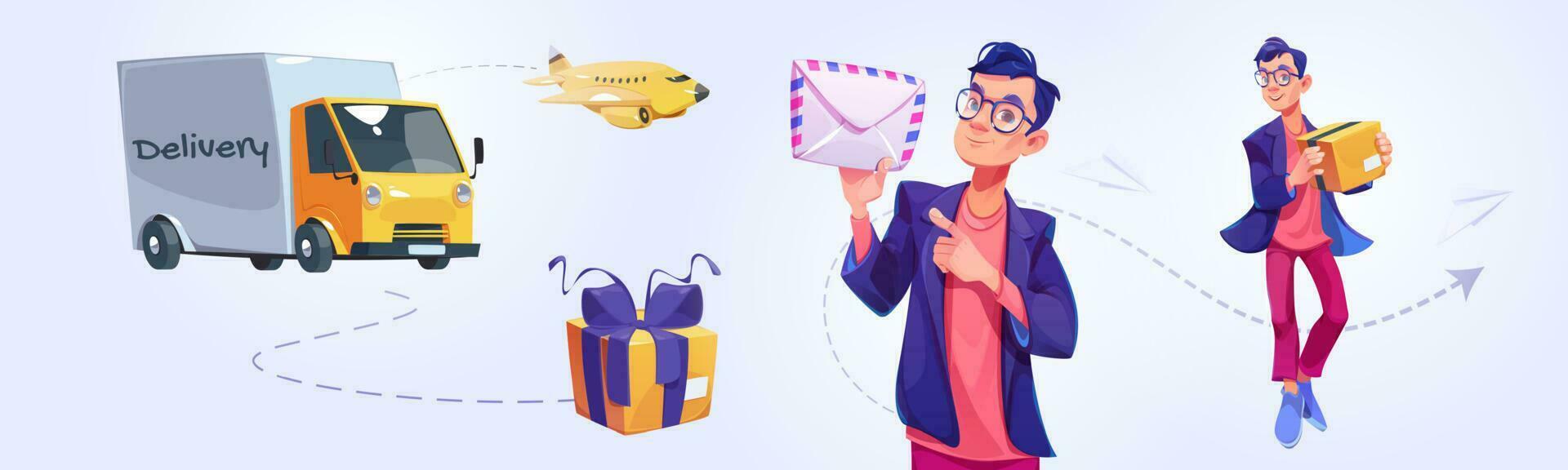 Delivery service with postman, truck and plane vector