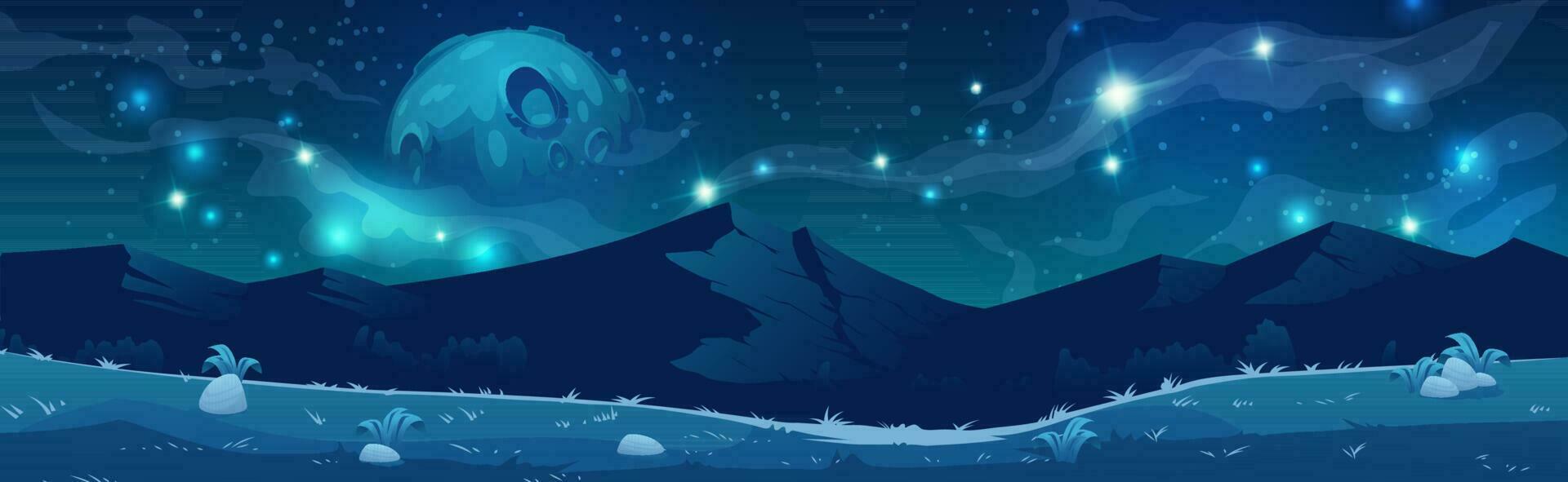 Mountain landscape with moon, stars and milky way vector
