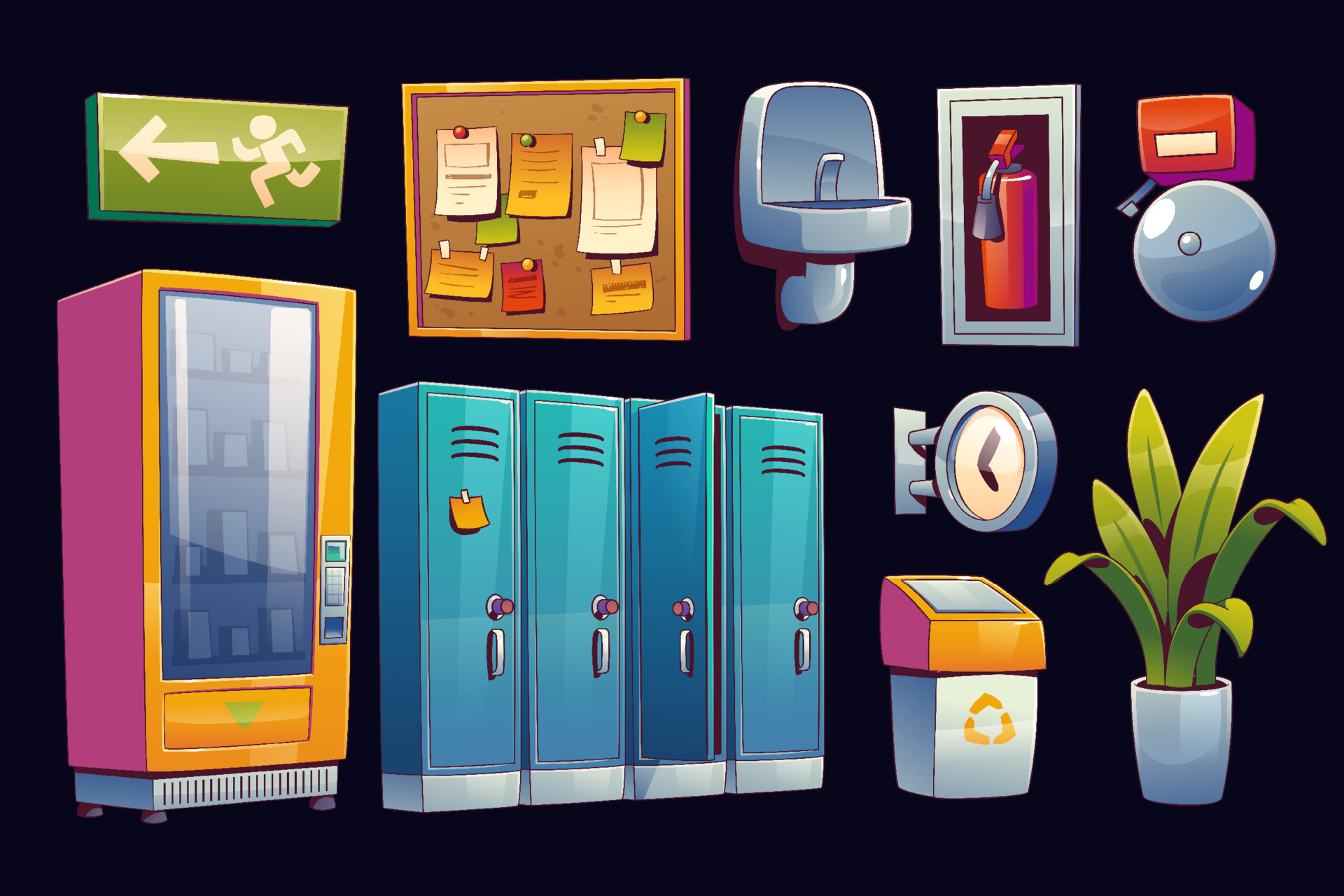 School hallway set, lockers, alarm bell, clock 12861964 Vector Art at Vecteezy