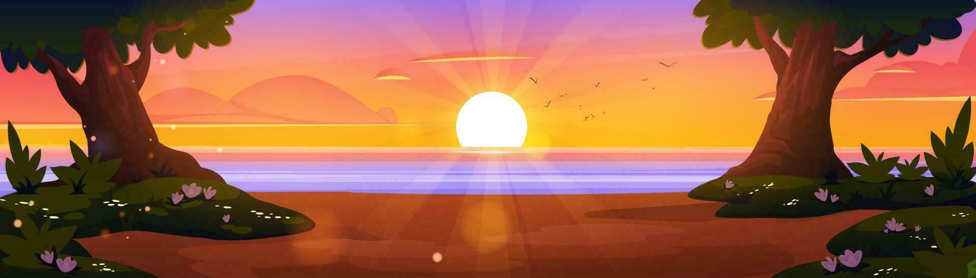 paisaje de naturaleza de dibujos animados, fondo de puesta de sol de verano vector