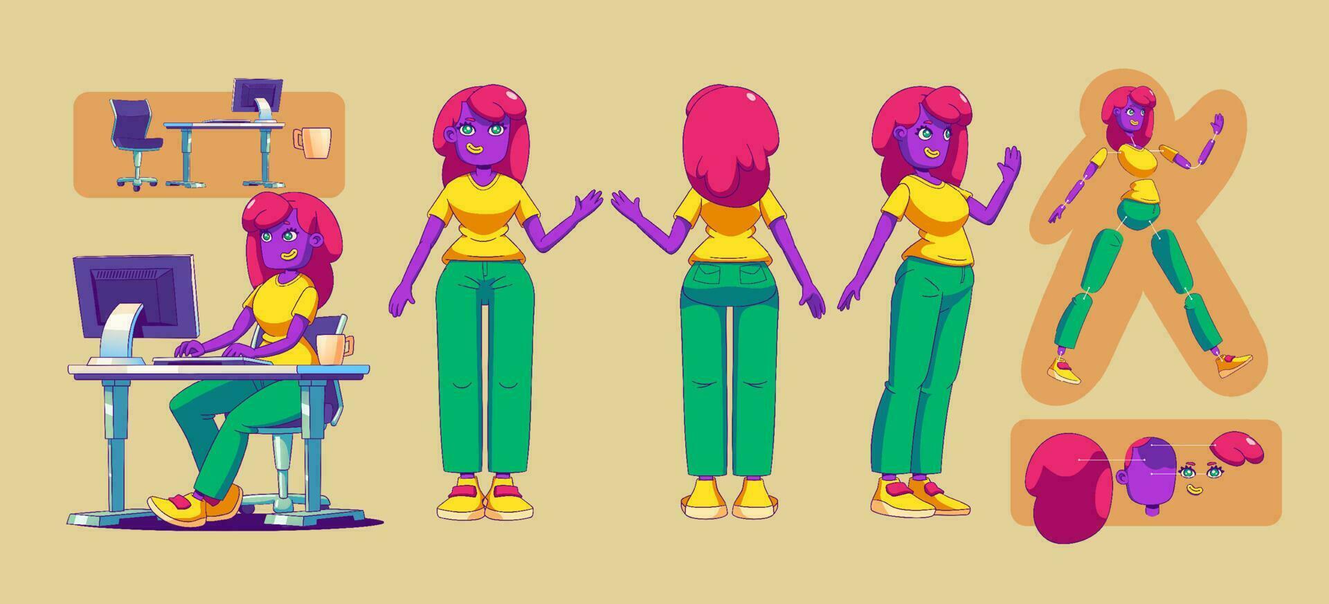 Girl character for animation, woman side and front vector