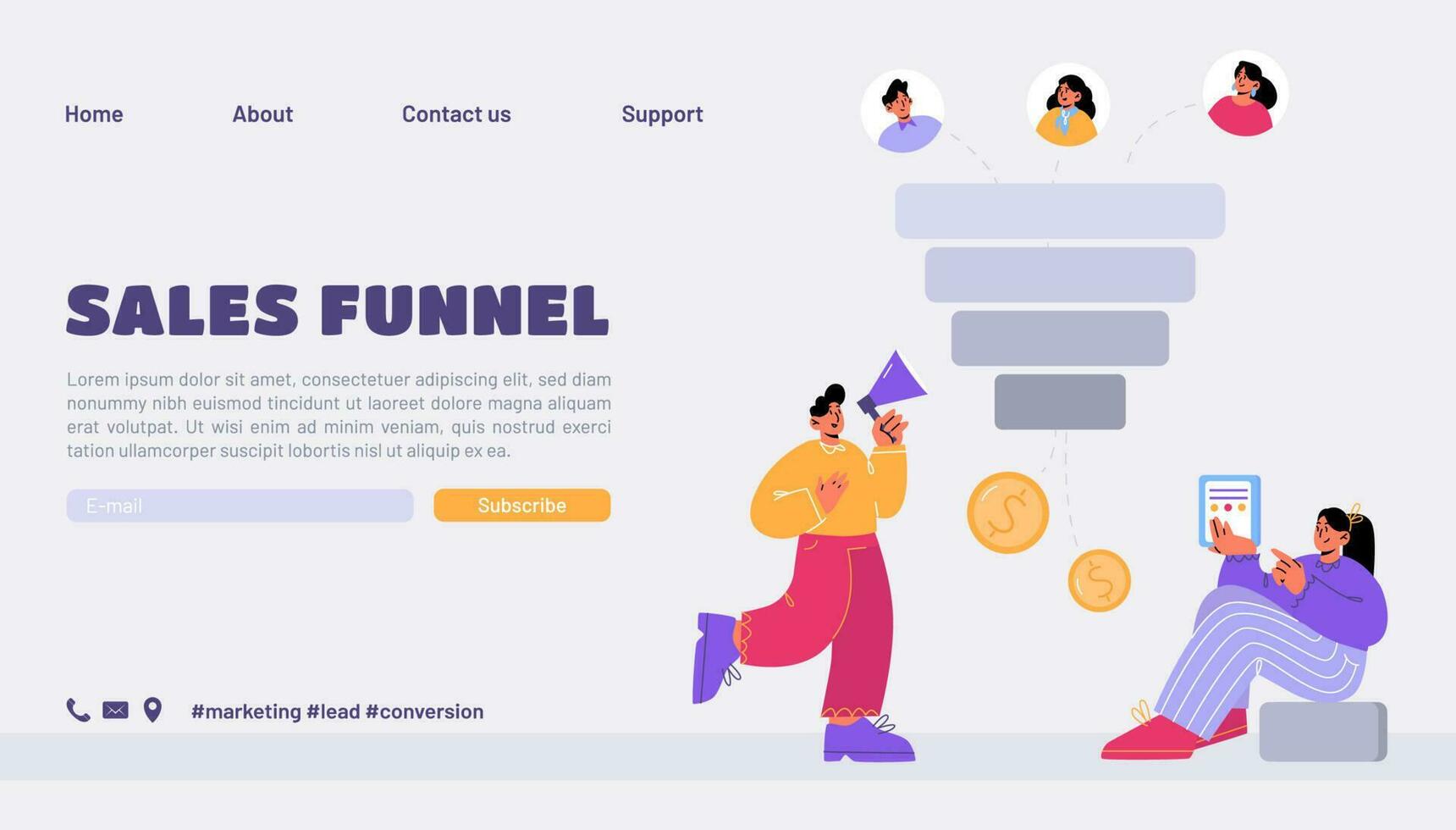 Sales funnel landing page with business characters vector