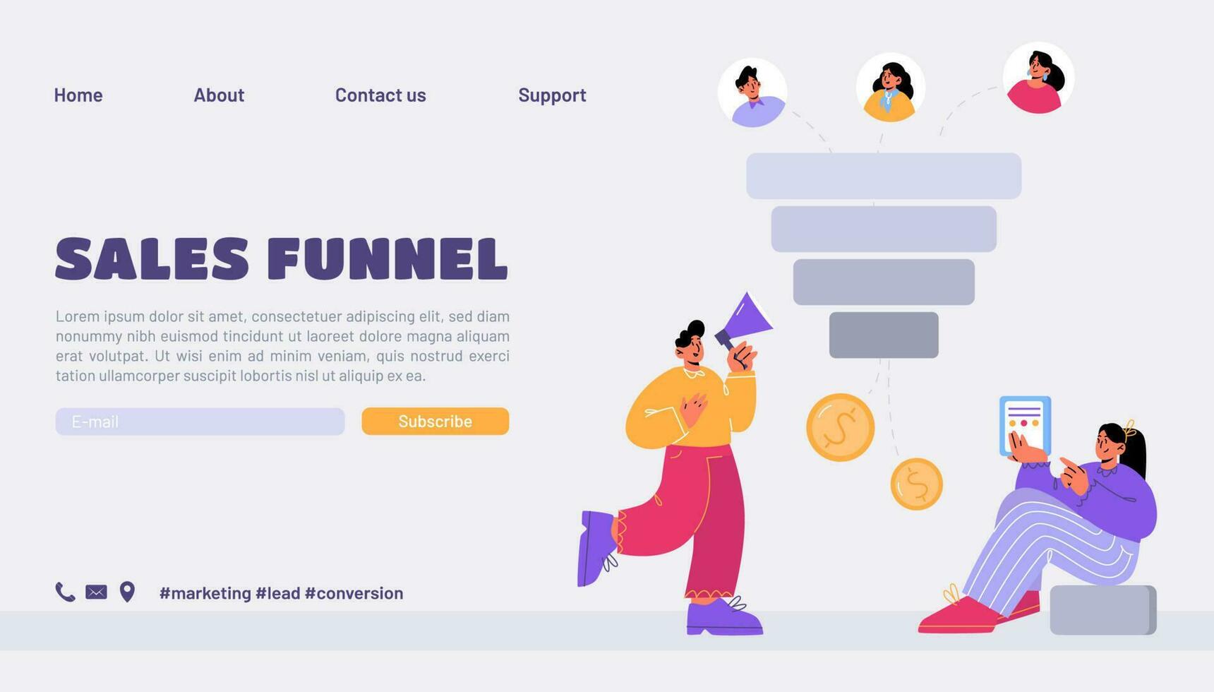 página de destino del embudo de ventas con personajes comerciales vector