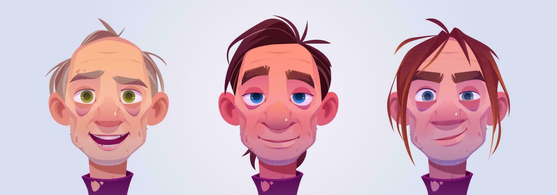 Beggar men avatar, homeless bum or wino character vector