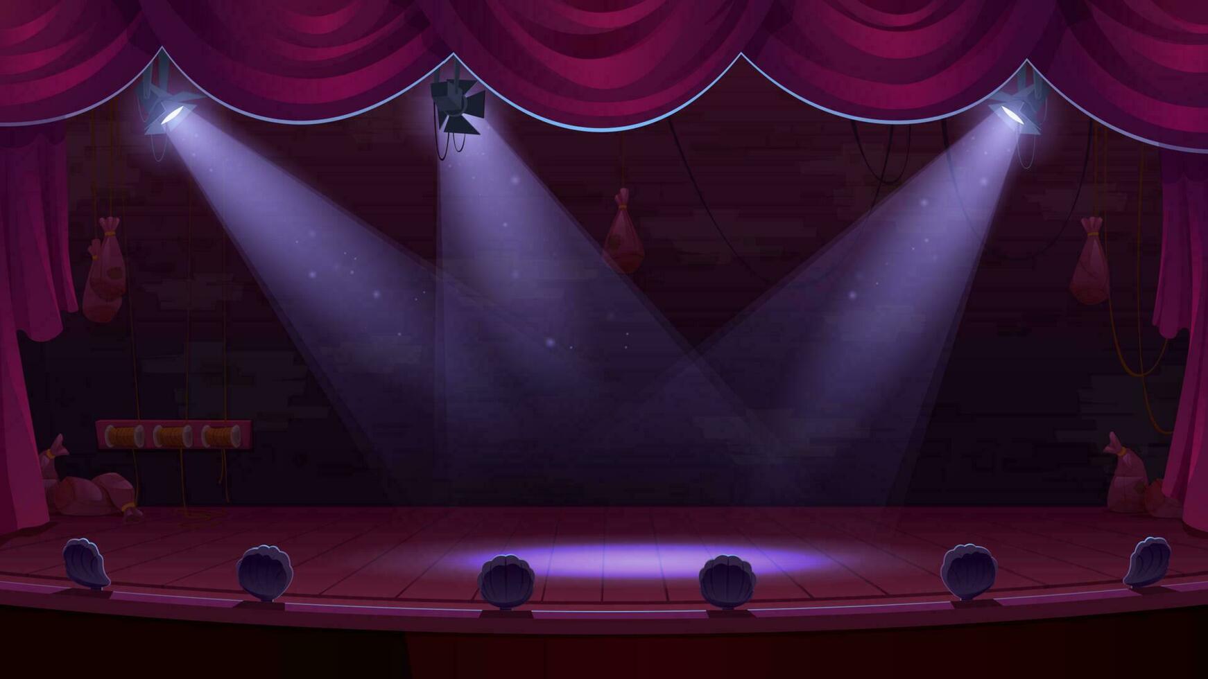 Theater stage with spotlights, red curtains, scene vector