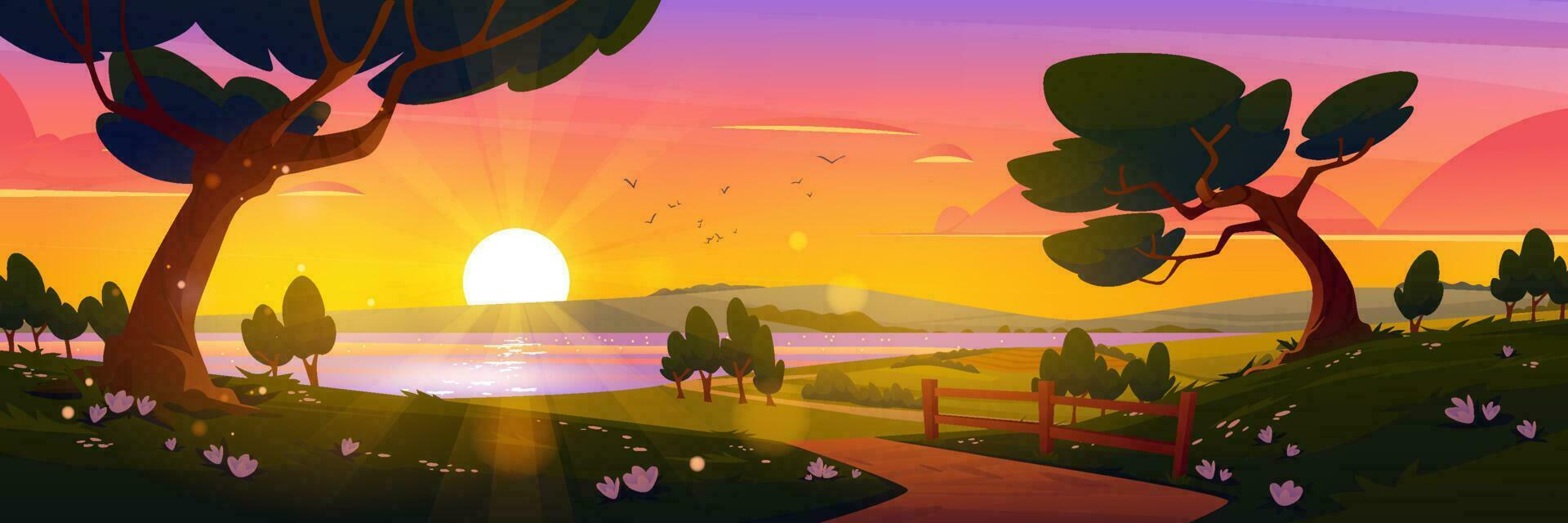 paisaje de naturaleza de dibujos animados, fondo de puesta de sol de verano vector