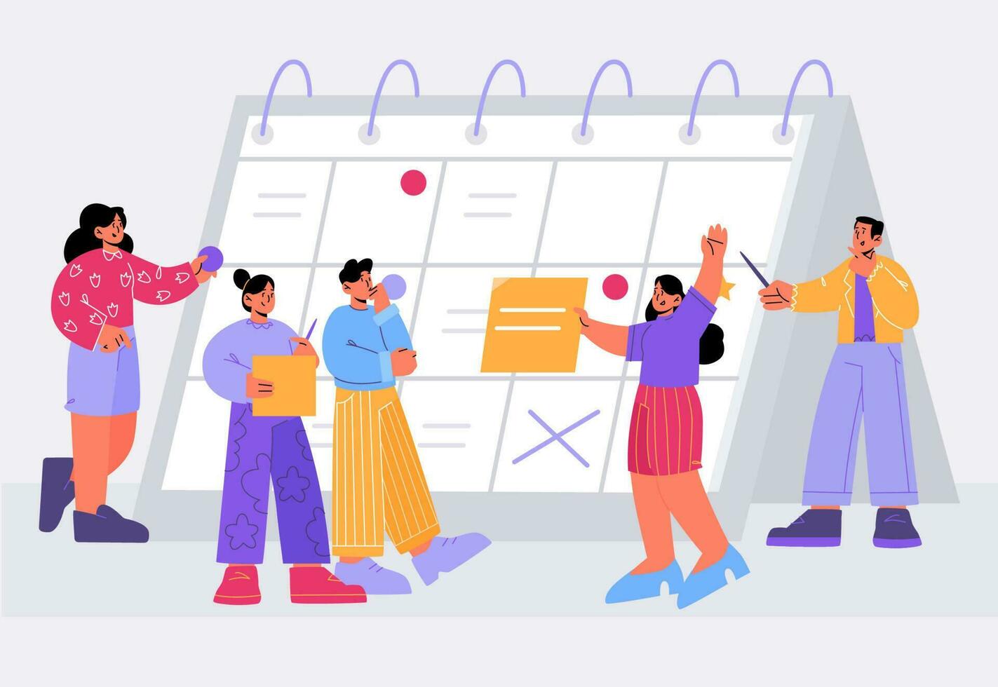 pequeño equipo de gente de negocios alrededor de un gran calendario vector