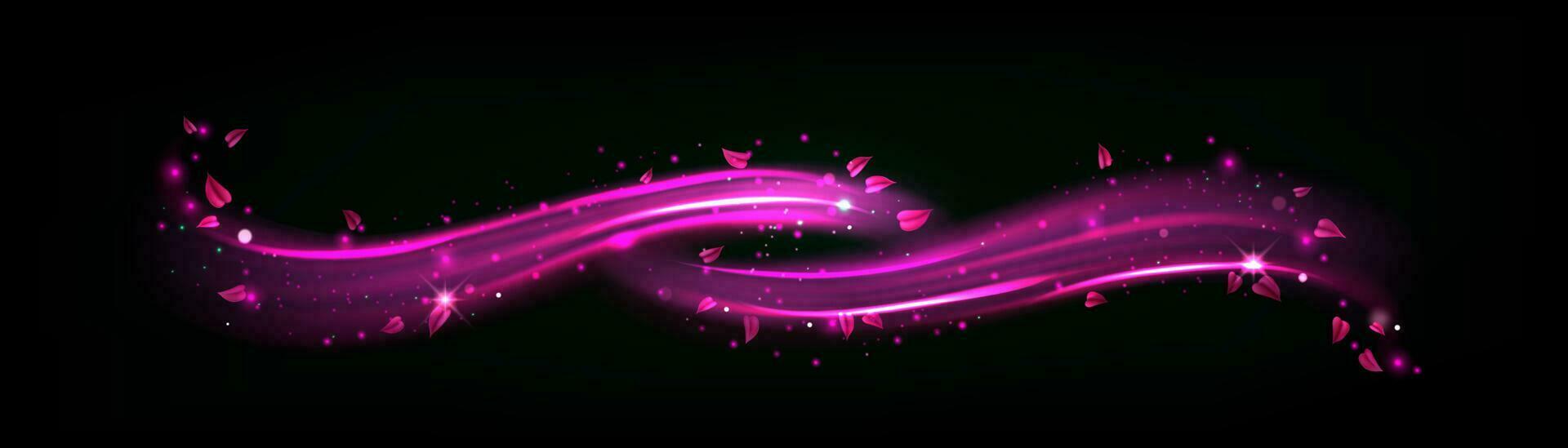 Purple light wave with sparks and leaves, glow vector