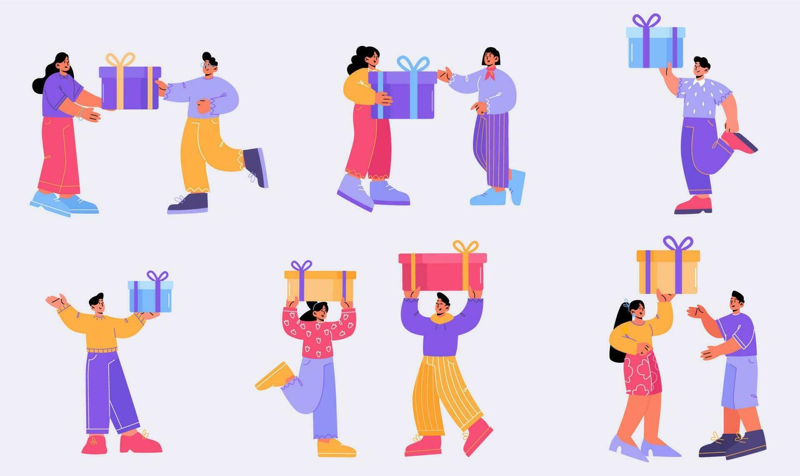 Happy people hold gift boxes, give presents vector