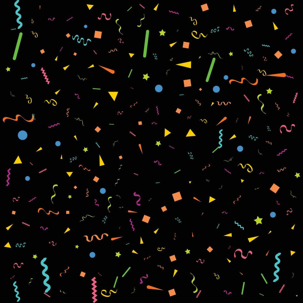 Colorful Confetti. Vector Festive Illustration of Falling Shiny Confetti Isolated on Black Black Background. Holiday Decorative Tinsel Element for Design