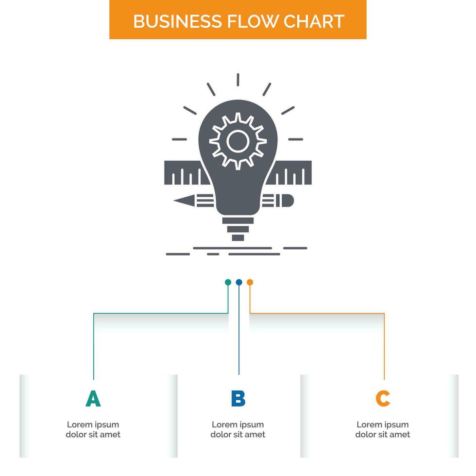 Development. idea. bulb. pencil. scale Business Flow Chart Design with 3 Steps. Glyph Icon For Presentation Background Template Place for text. vector