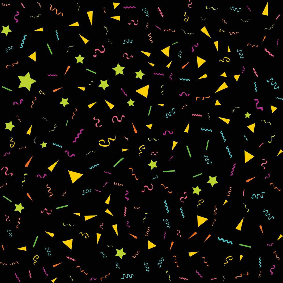 Vector abstract Black Background with many falling tiny colorful confetti pieces and ribbon. Carnival. Christmas or New Year decoration colorful party pennants for birthday. festival