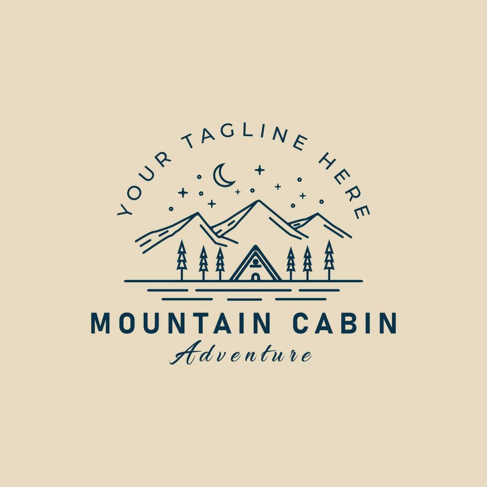 logotipo de arte de línea de cabaña de montaña con diseño de ilustración de vector de bosque y luna