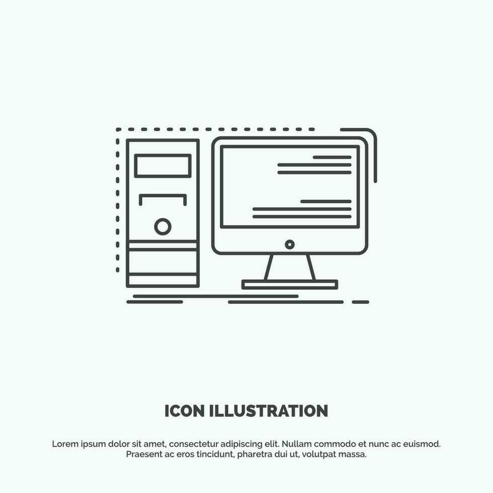 computadora. escritorio. hardware. puesto de trabajo. icono del sistema. símbolo gris vectorial de línea para ui y ux. sitio web o aplicación móvil vector