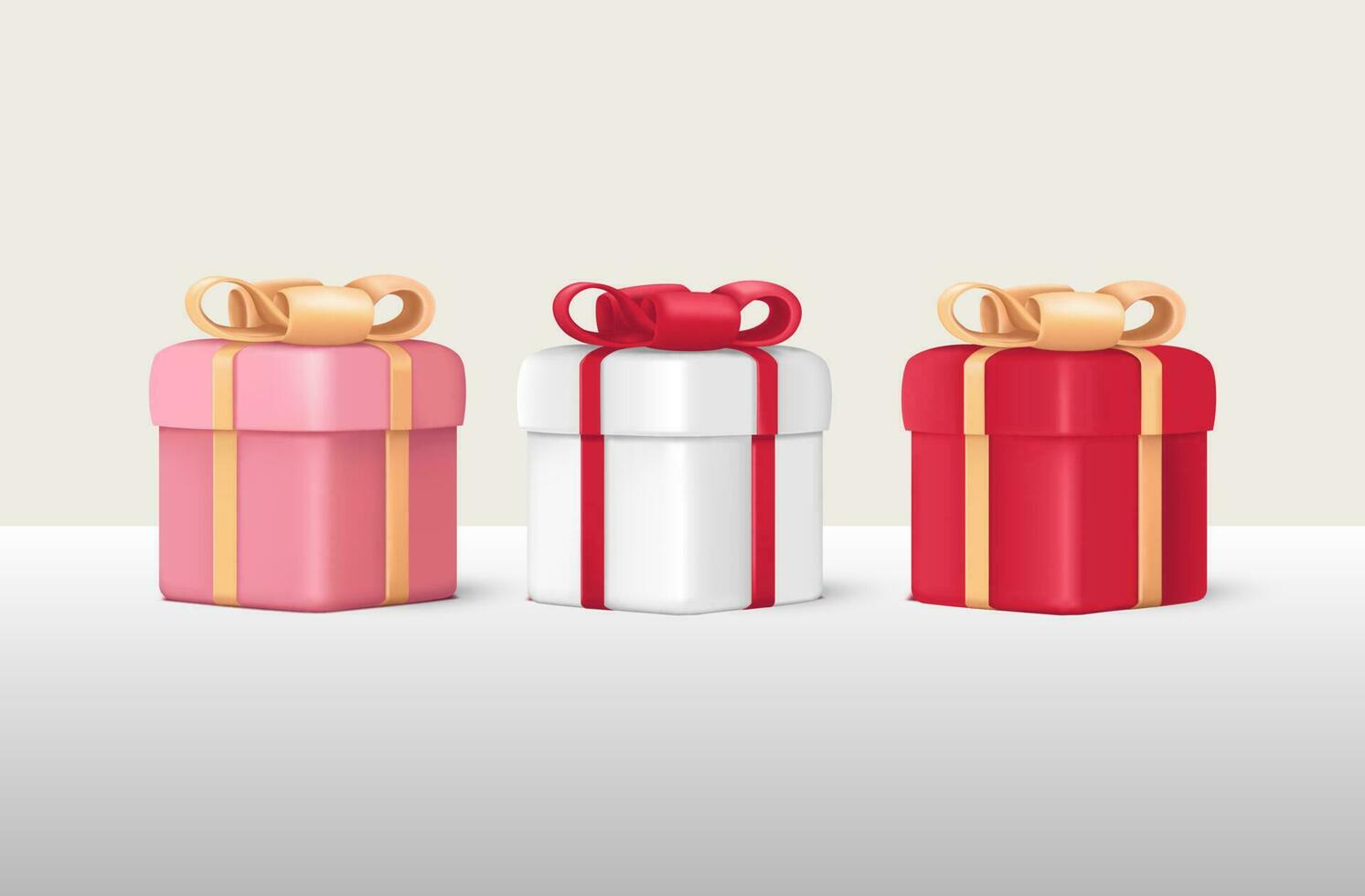 establecer caja de regalo 3d fink, rojo y blanco. 3d render caja sorpresa de vacaciones moderna. iconos vectoriales realistas vector