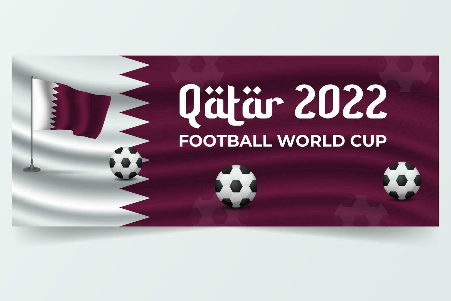 plantilla de banner horizontal del campeonato mundial de fútbol con bandera de qatar e ilustración de pelota vector