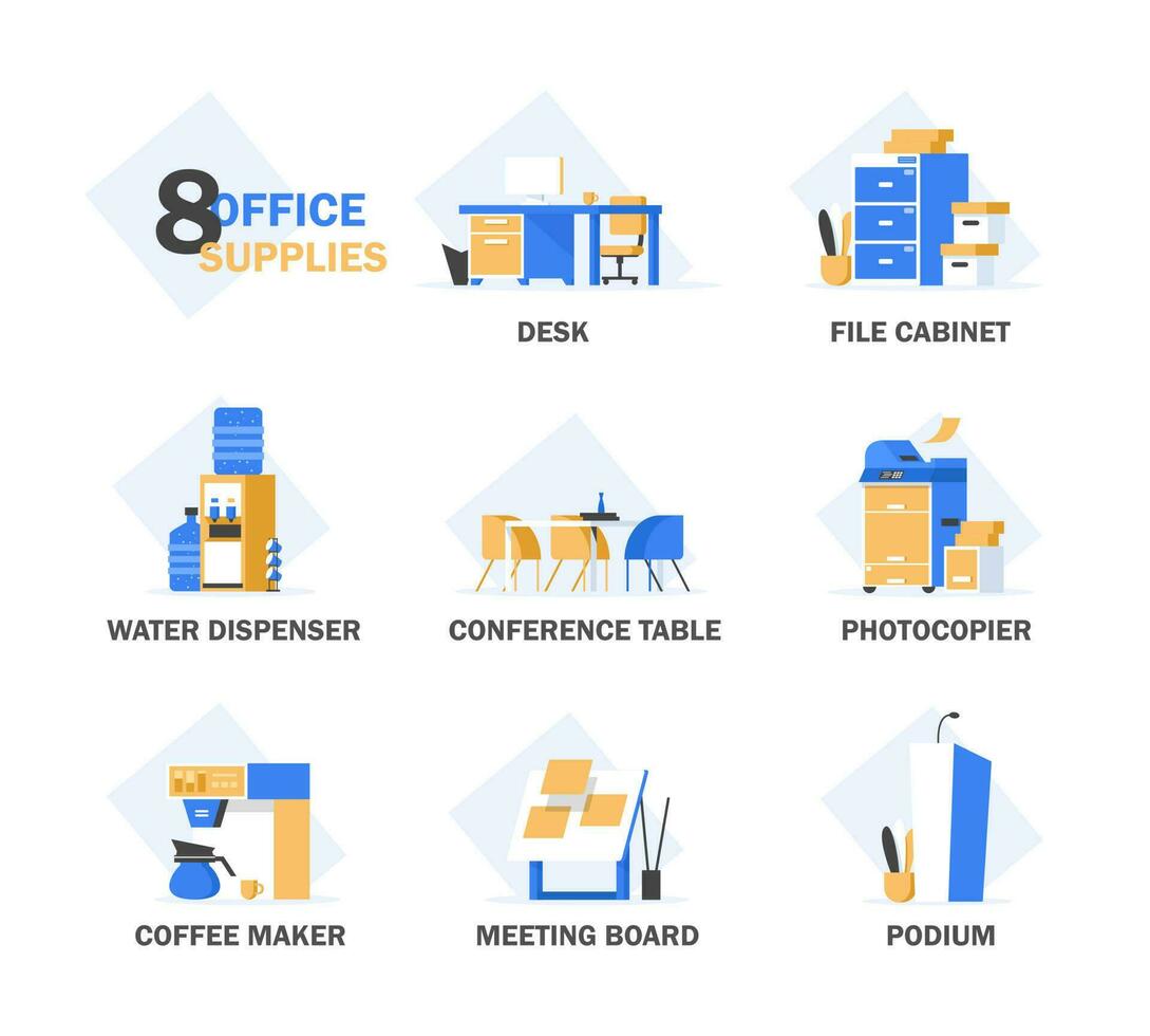 Set of vector flat design concept icons of office equipment