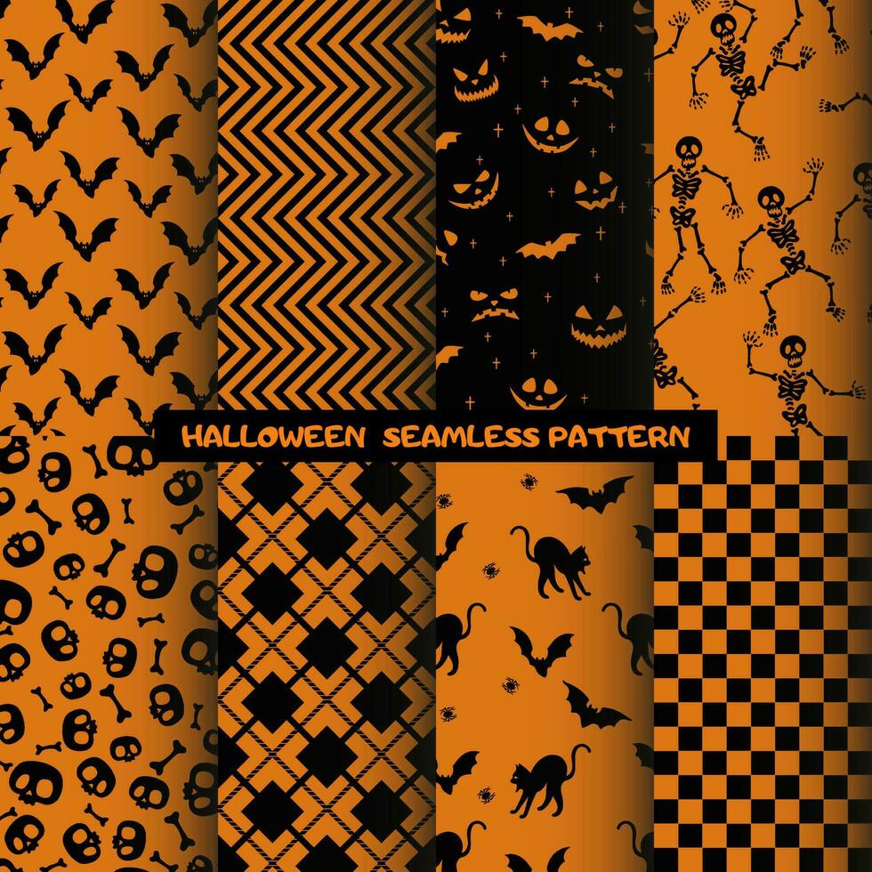 Halloween different seamless patterns. Endless texture for wallpaper, web page background, wrapping paper and etc. Evil pumpkin and scary ghost, skull, stripes, zigzag vector