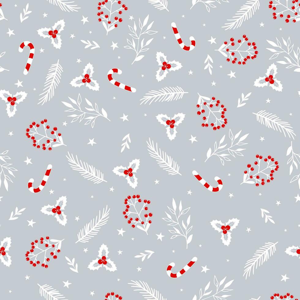 Vector winter floral pattern with snowflakes. Seamless background with winter branches, leaves, berry and stars. Hand drawn floral elements.