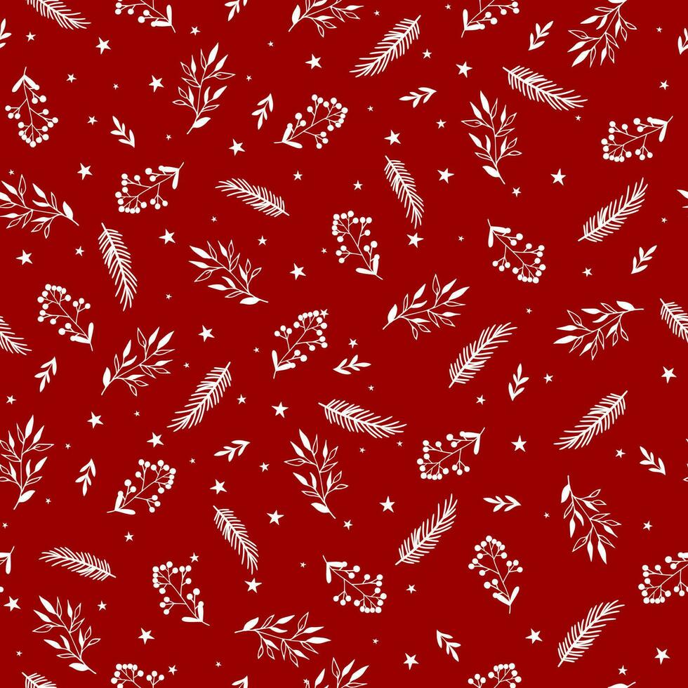 Seamless Christmas pattern with white fir twigs, berries, fir twigs and stars vector