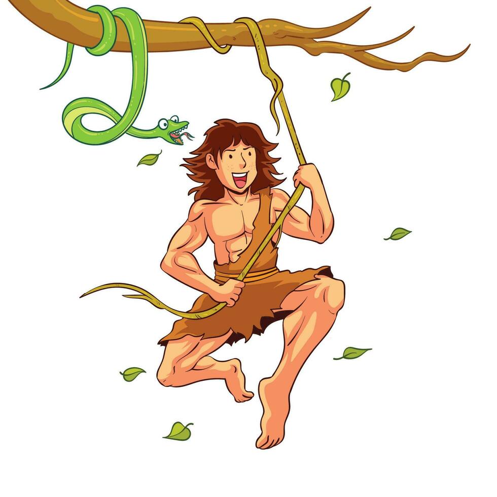 hand drawn tarzan swinging in the forest vector