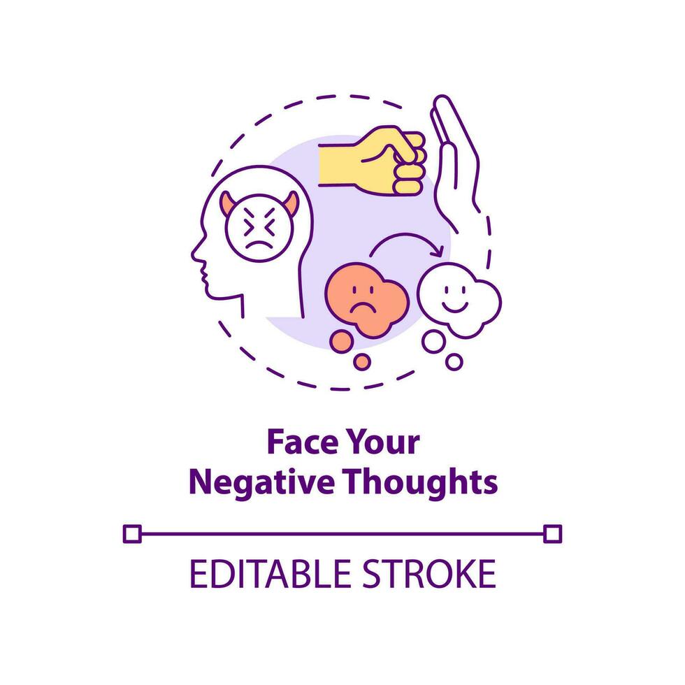 Face negative thoughts concept icon. Self appreciation abstract idea thin line illustration. Overcoming negative thinking. Isolated outline drawing. Editable stroke. vector
