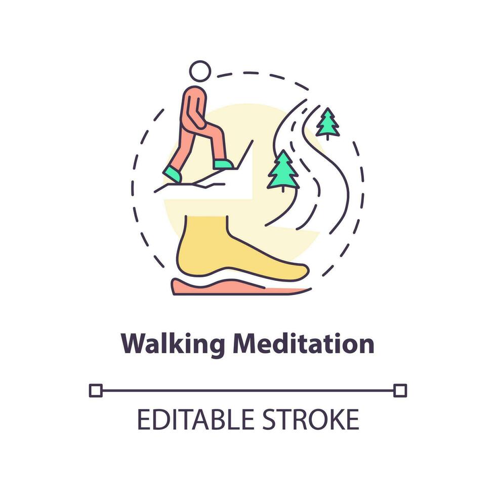 Walking meditation concept icon. Mindfulness technique abstract idea thin line illustration. Connecting with nature. Isolated outline drawing. Editable stroke. vector