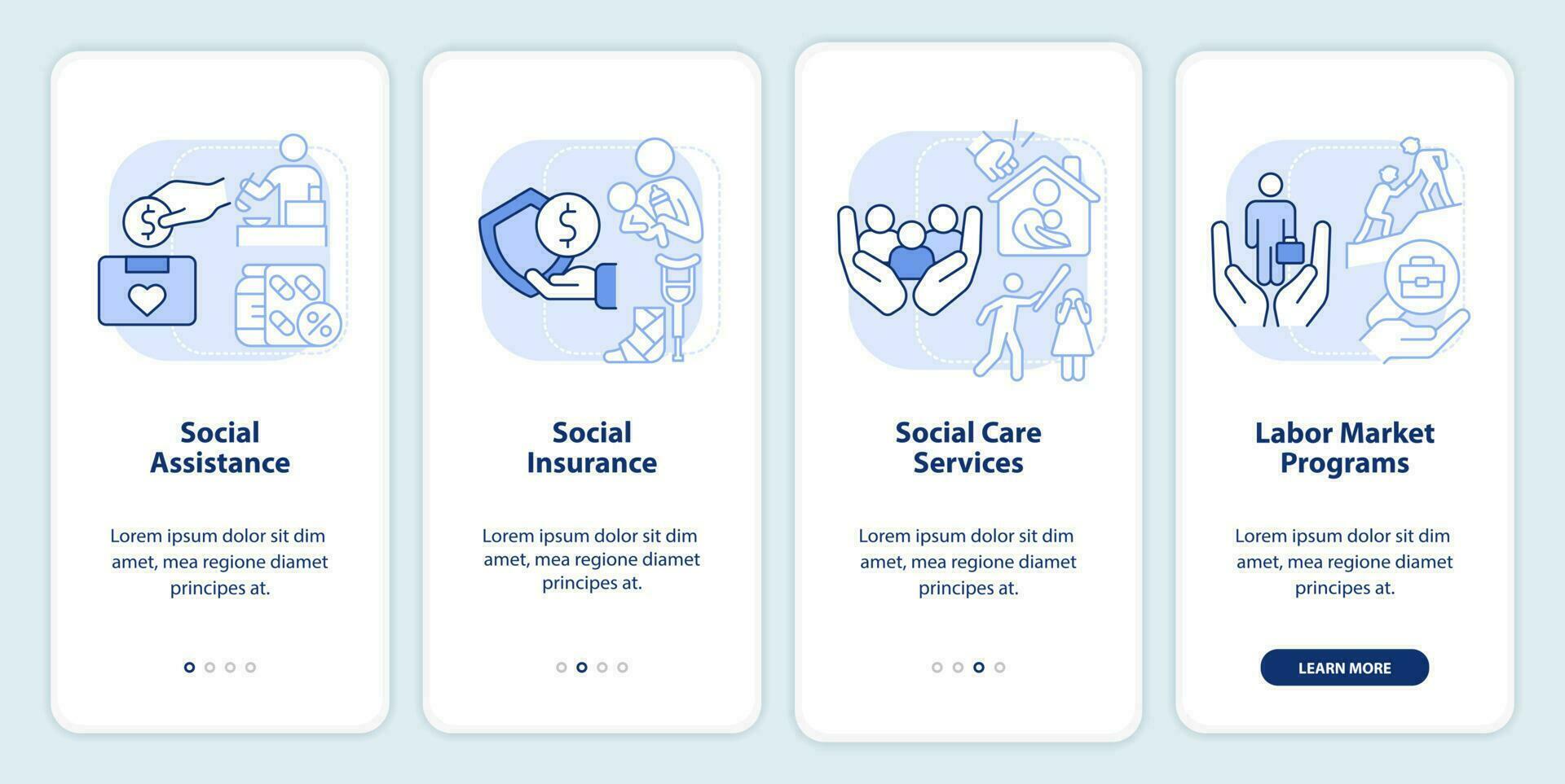 Social protection light blue onboarding mobile app screen. Walkthrough 4 steps graphic instructions pages with linear concepts. UI, UX, GUI template. vector