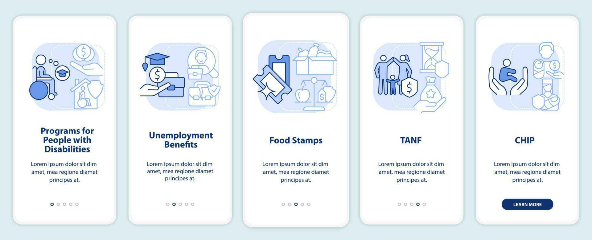 Government benefits light blue onboarding mobile app screen. Walkthrough 5 steps graphic instructions pages with linear concepts. UI, UX, GUI template. vector