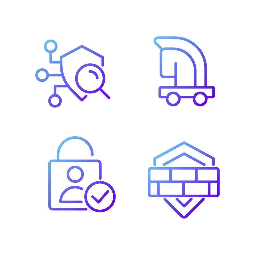 Online security measures pixel perfect gradient linear vector icons set. Security scanning. Trojan horse virus. Thin line contour symbol designs bundle. Isolated outline illustrations collection