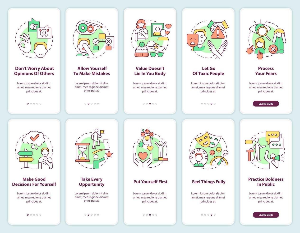 Practicing self-love everyday onboarding mobile app screen set. Walkthrough 5 steps graphic instructions pages with linear concepts. UI, UX, GUI template. vector