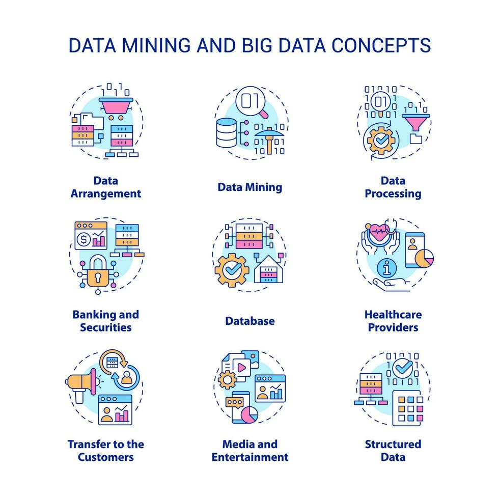 conjunto de iconos de concepto de minería de datos y big data. análisis de base de datos idea ilustraciones en color de línea delgada. arreglo, procesamiento. símbolos aislados. trazo editable. vector