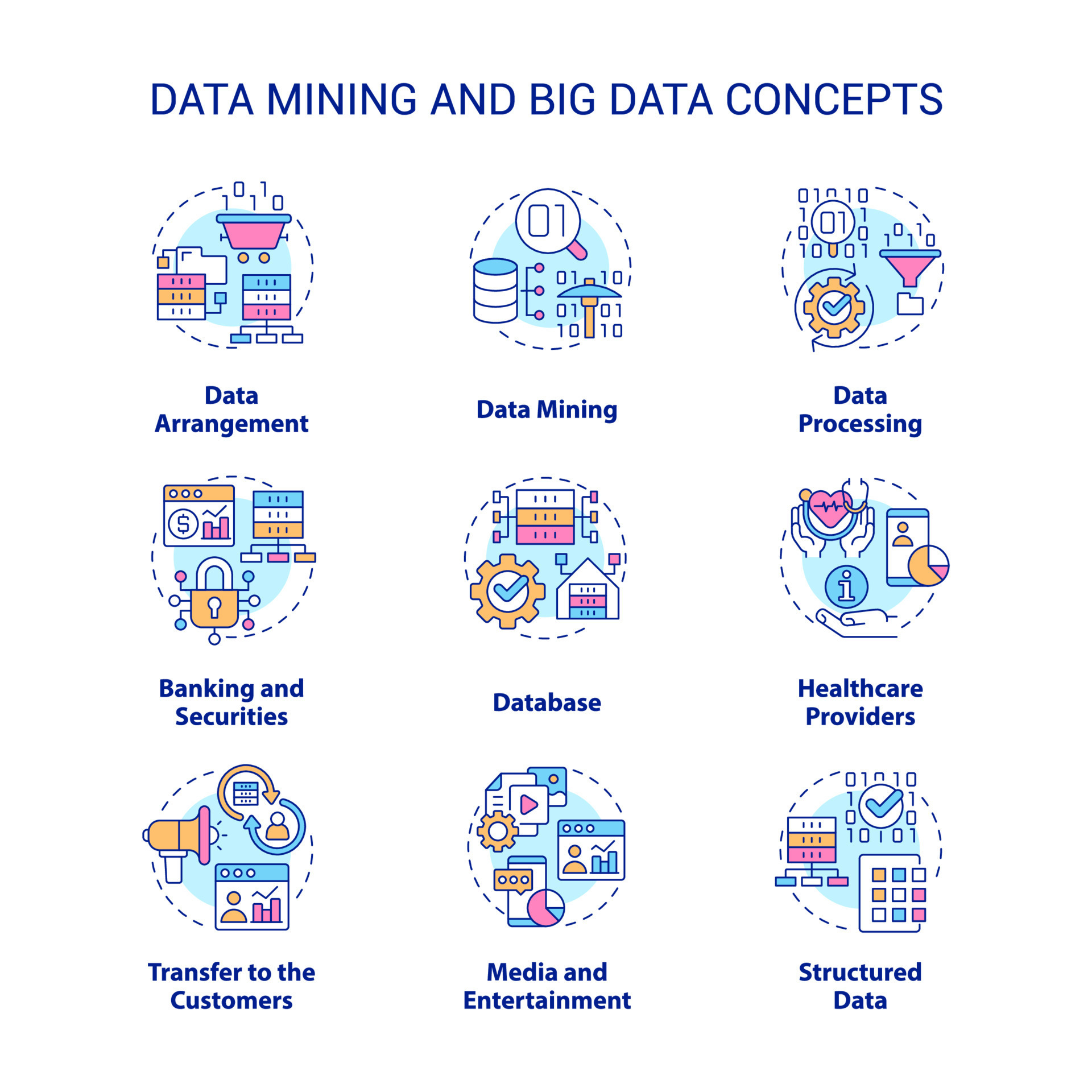 Data mining and big data concept icons set database analysis idea thin