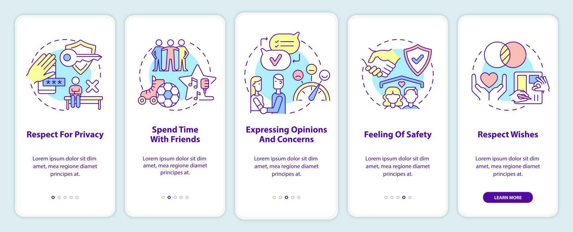 Image of healthy relationships onboarding mobile app screen. Respect walkthrough 5 steps graphic instructions pages with linear concepts. UI, UX, GUI template. vector