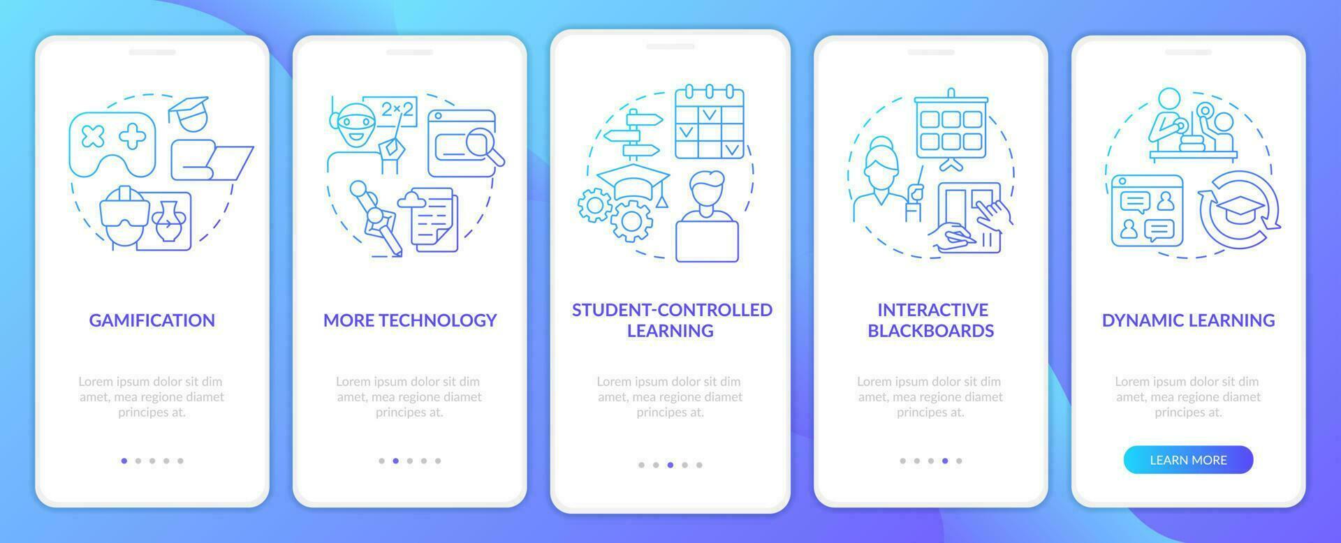 Education trends technology blue gradient onboarding mobile app screen. Walkthrough 5 steps graphic instructions pages with linear concepts. UI, UX, GUI template. vector