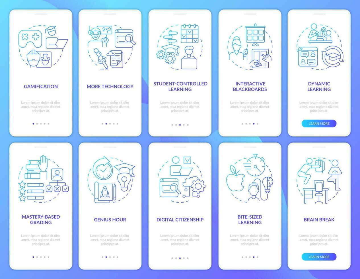 Education trends blue gradient onboarding mobile app screen set. Walkthrough 5 steps graphic instructions pages with linear concepts. UI, UX, GUI template. vector