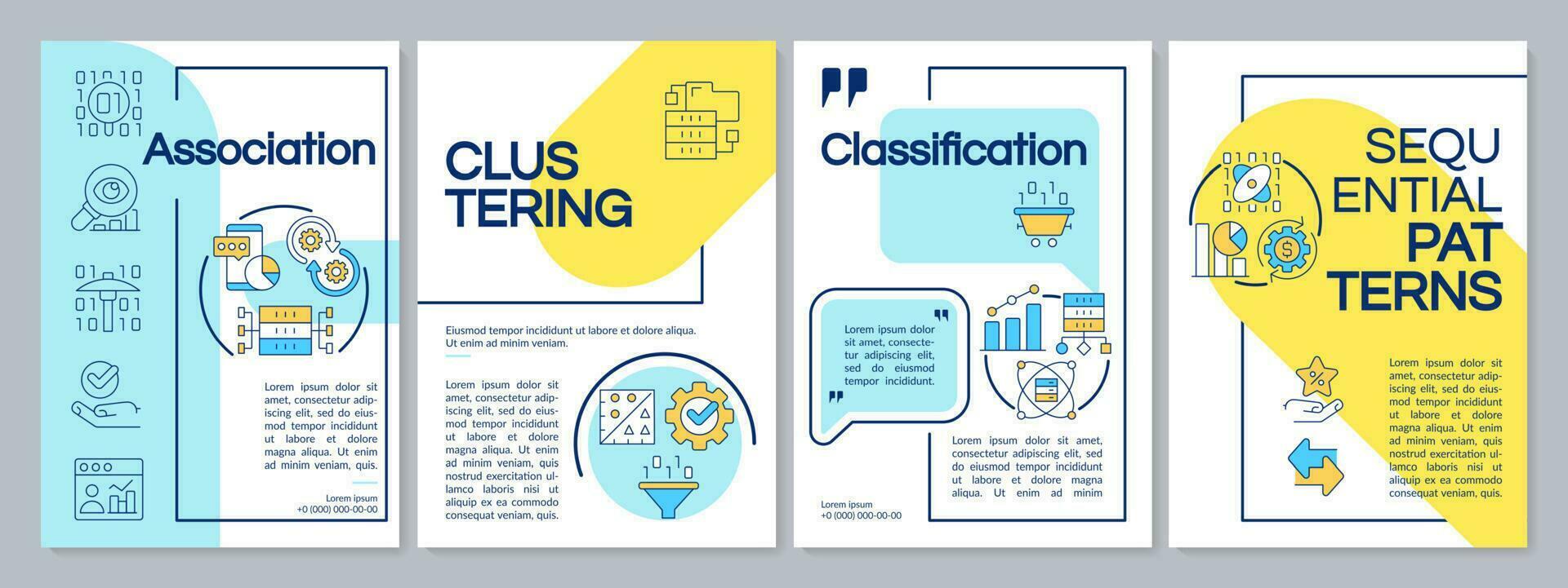 Data mining techniques blue and yellow brochure template. Machine learning. Leaflet design with linear icons. 4 vector layouts for presentation, annual reports.