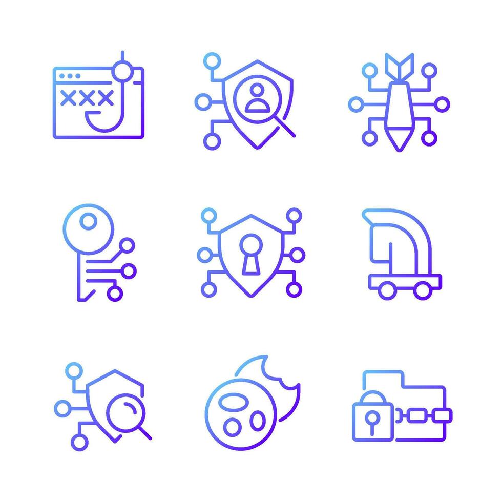Malware and protection pixel perfect gradient linear vector icons set. Phishing and cyber attack. Access control. Thin line contour symbol designs bundle. Isolated outline illustrations collection